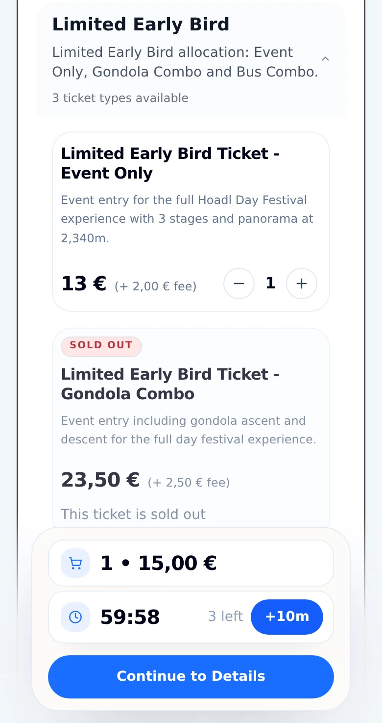 Dashpoint mobile checkout showing Hoadl Day Festival ticket types, prices, and the reservation timer